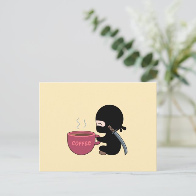 Tiny Ninja with Large Coffee Mug on Yellow Postcard (Standing Front)