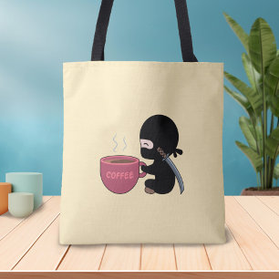 Tiny Ninja with Large Coffee Mug on Yellow Tote Bag