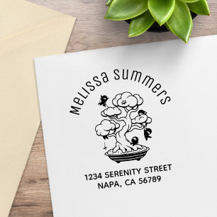Tiny Ninjas in Bonsai Tree Arch Address Rubber Stamp