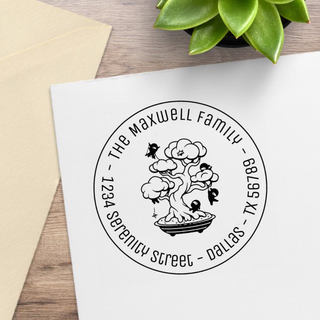 Tiny Ninjas in Bonsai Tree Family Address Round 2 Rubber Stamp (Creator Uploaded)