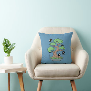 Tiny Ninjas in Bonsai Tree on Blue Cushion