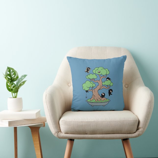 Tiny Ninjas in Bonsai Tree on Blue Cushion (Chair)