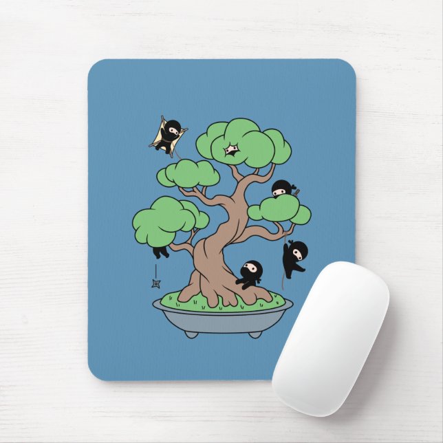 Tiny Ninjas in Bonsai Tree on Blue Mouse Pad (With Mouse)