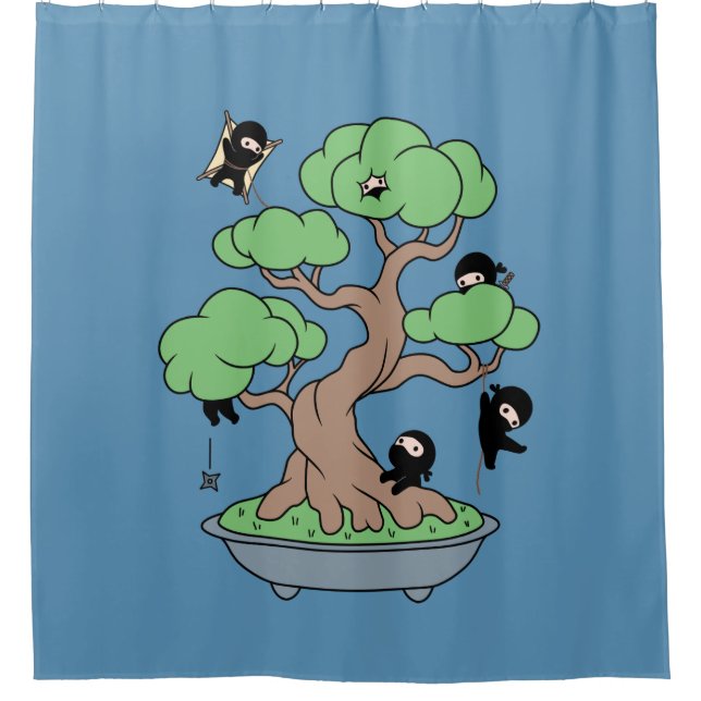Tiny Ninjas in Bonsai Tree on Blue Shower Curtain (Front)