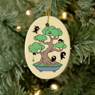 Tiny Ninjas in Bonsai Tree on Yellow Ceramic Ornament