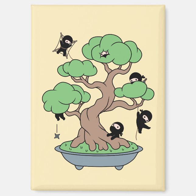 Tiny Ninjas in Bonsai Tree on Yellow Magnet (Front)