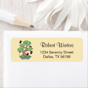 Tiny Ninjas in Bonsai Tree on Yellow Return Address Label
