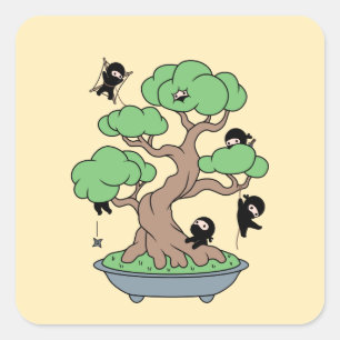Tiny Ninjas in Bonsai Tree on Yellow Square Sticker