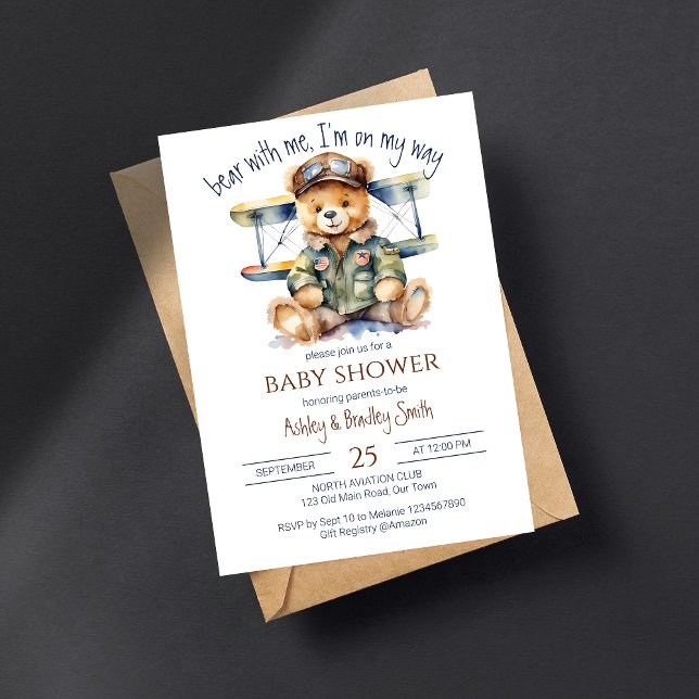 Tiny pilot cute teddy bear baby shower invitation (Tiny pilot teddy cute bear baby shower template invitation digital download vintage pilot jacket)