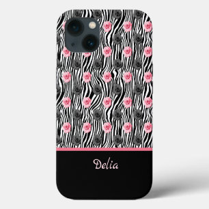 Tiny Pink and Grey Rose Pattern on Black Swirls iPhone 13 Case