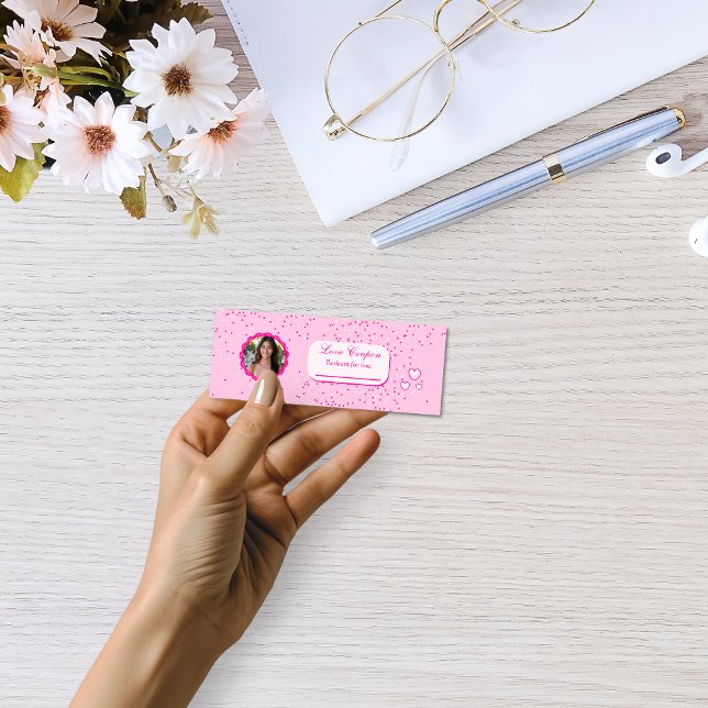 Tiny Pink and White Hearts Love Coupons with Photo Mini Business Card (Creator Uploaded)