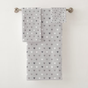 Tiny polka hearts in shades of grey bath towel set