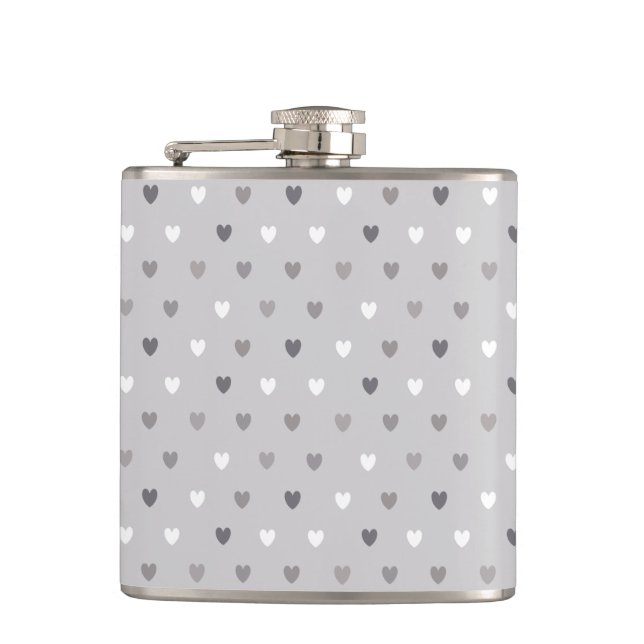 Tiny polka hearts in shades of grey hip flask (Front)
