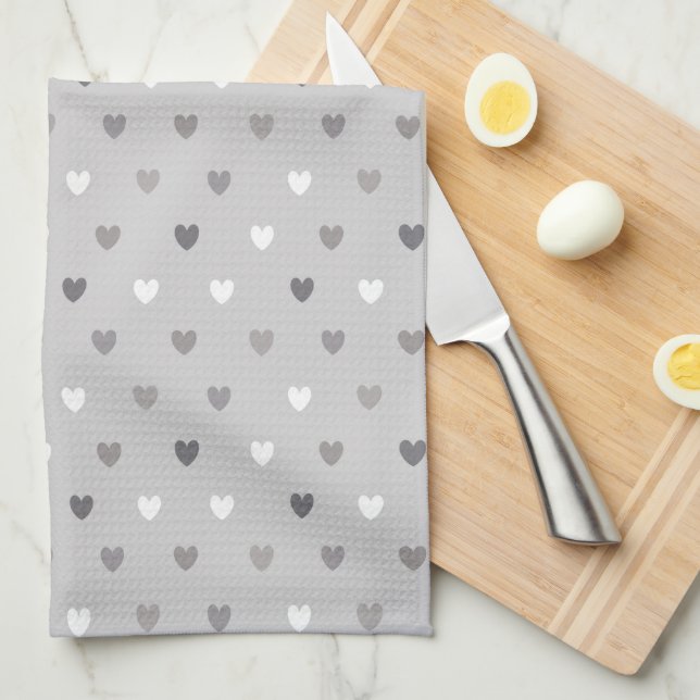 Tiny polka hearts in shades of grey tea towel (Quarter Fold)