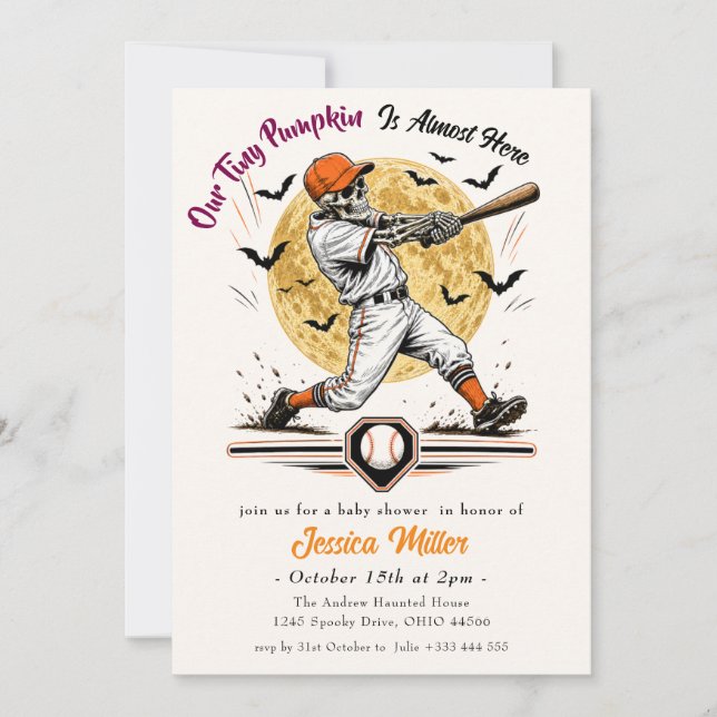 Tiny Pumpkin Halloween Baseball Skeleton  Invitation (Front)
