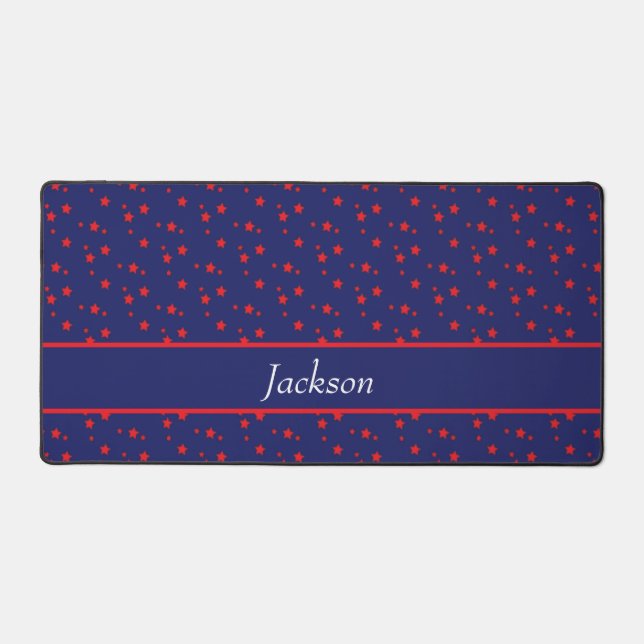 Tiny red stars on blue desk mat (Front)