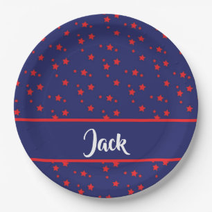 Tiny red stars on blue paper plate