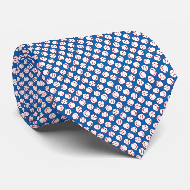 Tiny Red White Baseball Pattern on Blue Novelty Tie (Rolled)