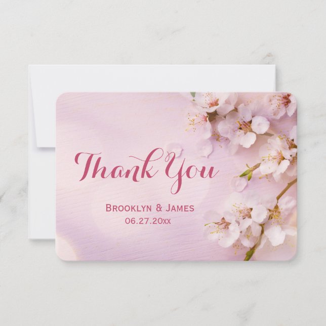 Tiny Round Pink Cherry Blossom Thank You Cards (Front)
