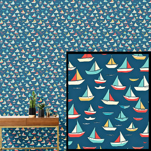 Tiny Sailing Ships Boats, Nautical Red Blue Wallpaper
