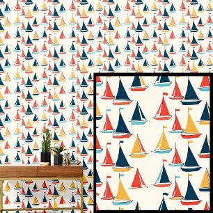 Tiny Sailing Ships Boats, Nautical Red Blue Yellow Wallpaper
