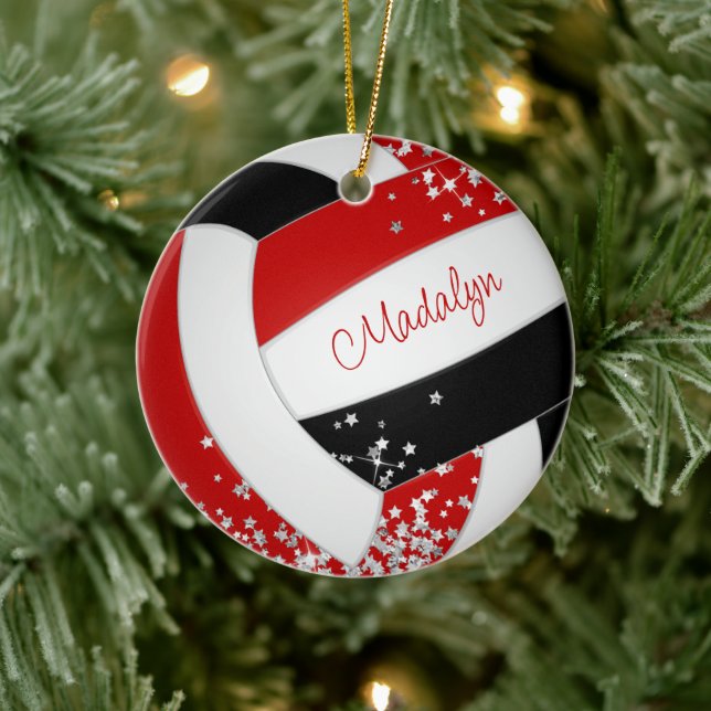 tiny silver stars red black volleyball girls name ceramic ornament (Tree)