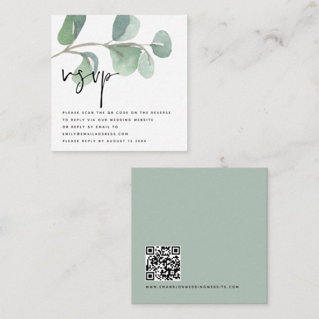 TINY SIZE Eucalyptus QR Code Script Wedding RSVP Enclosure Card (Front/Back)