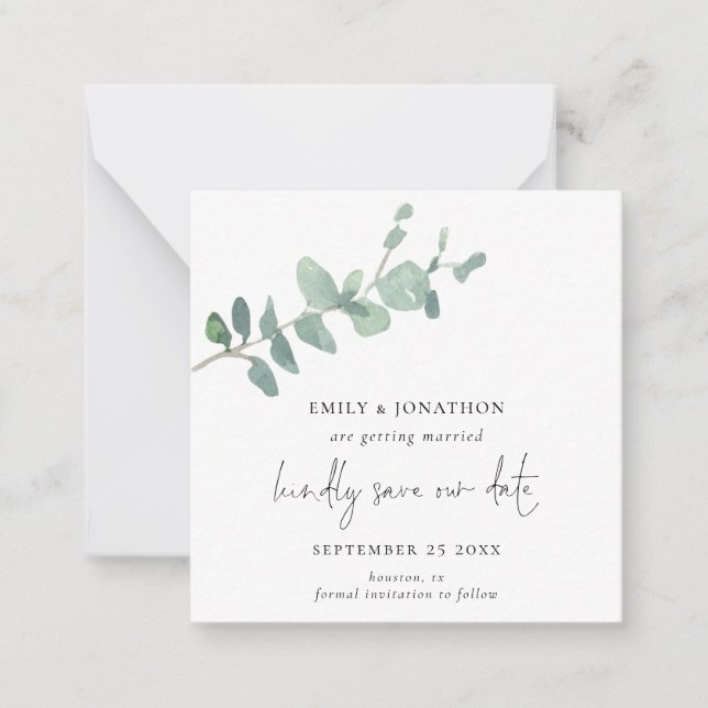 TINY SIZE | Script Green Eucalyptus Save The Date Card (Front)