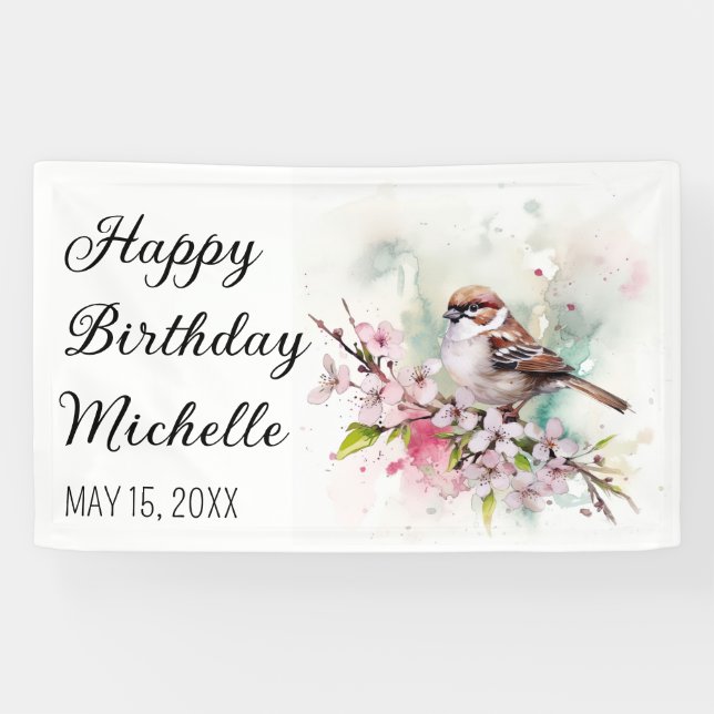 Tiny Sparrow Cherry Blossoms Spring Birthday Name Banner (Horizontal)