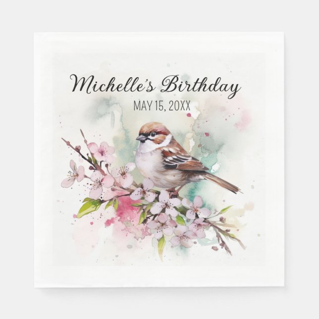 Tiny Sparrow Cherry Blossoms Spring Birthday Name Napkin (Front)