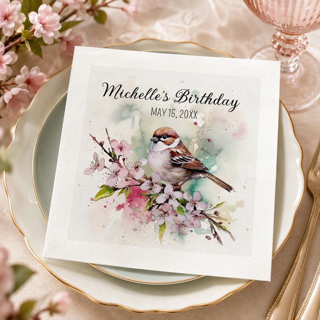 Tiny Sparrow Cherry Blossoms Spring Birthday Name Napkin (Tiny sparrow on cherry blossoms birthday party paper napkins)
