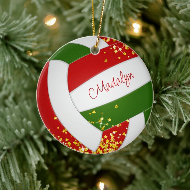 tiny stars red green keepsake girls volleyball ceramic ornament (Tree)