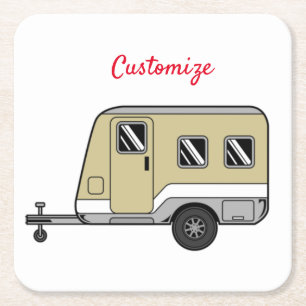 Tiny Tan Caravan Camper Thunder_Cove Square Paper Coaster