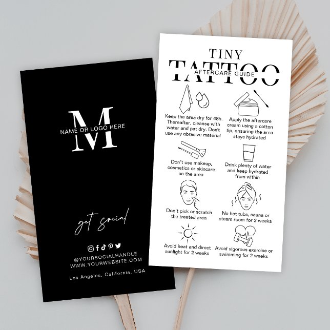 Tiny Tattoo Aftercare Instructions Minimalist Logo Business Card (Minimalist tiny tattoo aftercare cards with care icons and space for your business details)