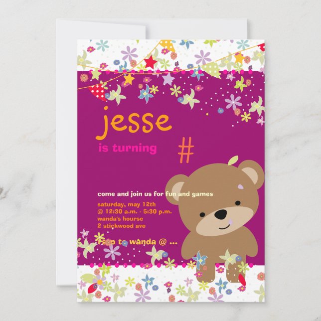 Tiny Teddy Bear Personalised Party Invitation (Front)
