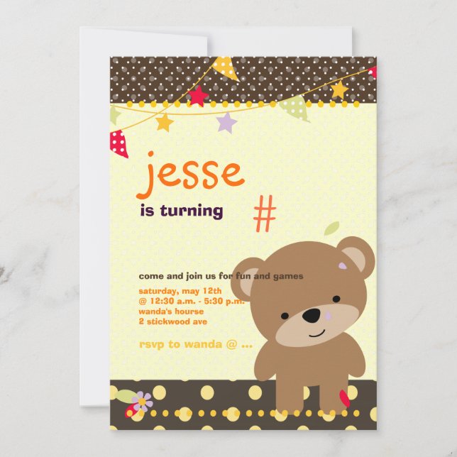 Tiny Teddy Bear Personalised Party Invitation (Front)