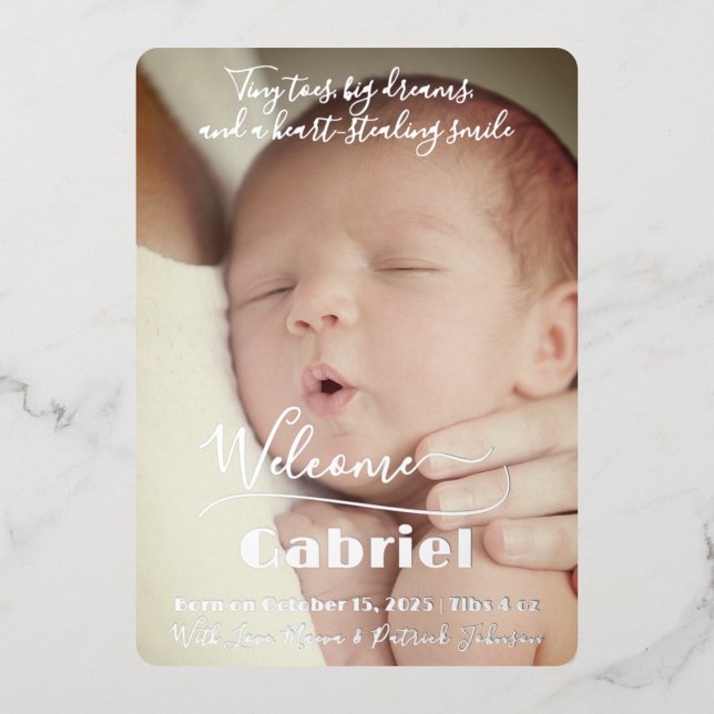 Tiny Toes Silver Foil Birth Announcement Card (Front)