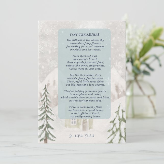 Tiny Treasures w/ snowy winter cabin Thank You Card (Standing Front)