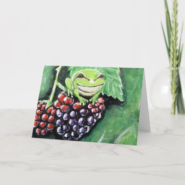 Tiny Tree Frog on a Blackberry Painting Card (Front)