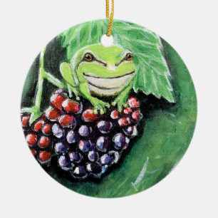 Tiny Tree Frog on a Blackberry Painting Ceramic Ornament