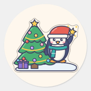 Tiny Tree Trimmer Penguin Decorating a Tree Classic Round Sticker