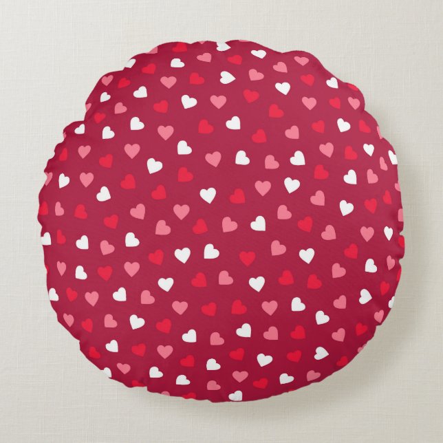 Tiny Valentine Hearts in Red White Pink Round Cushion (Front)