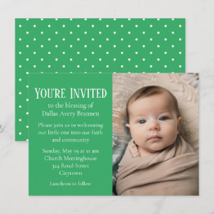 Tiny White Spots on Green Photo Baby Blessing Invitation