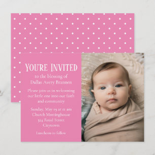Tiny White Spots on Pink Photo Baby Blessing Invitation
