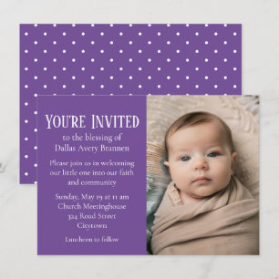 Tiny White Spots on Purple Photo Baby Blessing Invitation