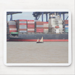Tiny Yacht  And Huge Container Ship Mouse Pad