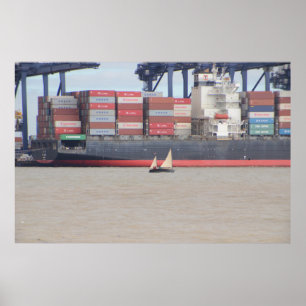 Tiny Yacht  And Huge Container Ship Poster