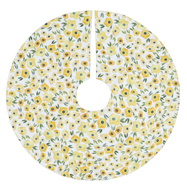 Tiny Yellow Flowers: Watercolor Seamless. Brushed Polyester Tree Skirt (Front)