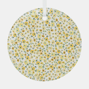 Tiny Yellow Flowers: Watercolor Seamless. Glass Tree Decoration