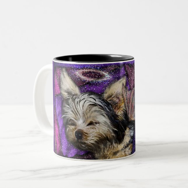 Tiny Yorkie Sleeping Angel Halo Memorial Art Frost Two-Tone Coffee Mug (Front Left)